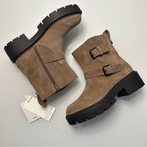 Mango Suede Leather Lug Sole Buckle Moto Boots 7  EU 37 Light Brown